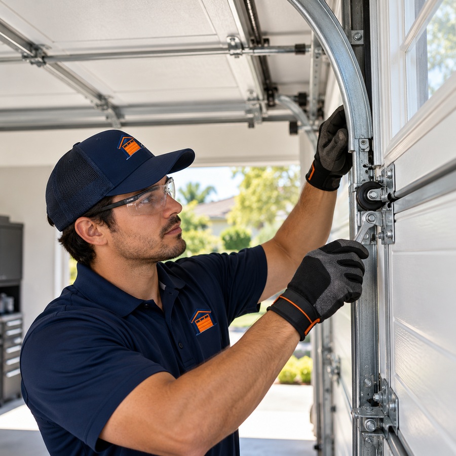 Garage door technician servicing residential hardware
